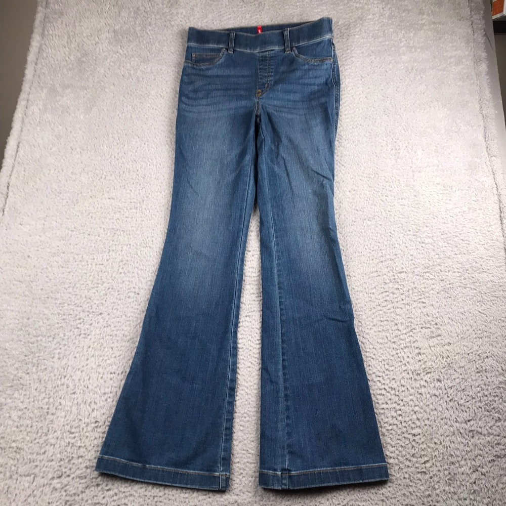 Spanx Jeans Womens M (31x33) Blue Pull On High Rise Flare Wide Leg Stretch Denim